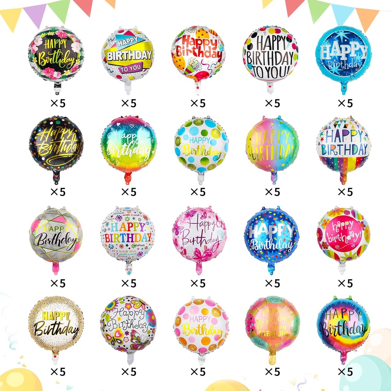 100 Pcs Happy Birthday Aluminum Foil Balloons for Birthday Party Decoration Supplies, 18 Inches Round Helium Floating Mylar Balloon (20 Patterns)